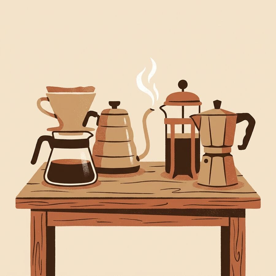 Pour-over, kettle, French press and moka pot on a wooden table