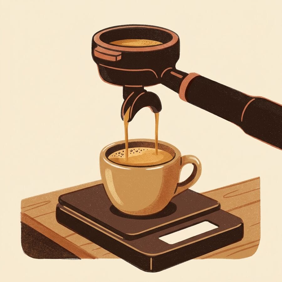 Espresso pouring from a portafilter into a cup on a scale
