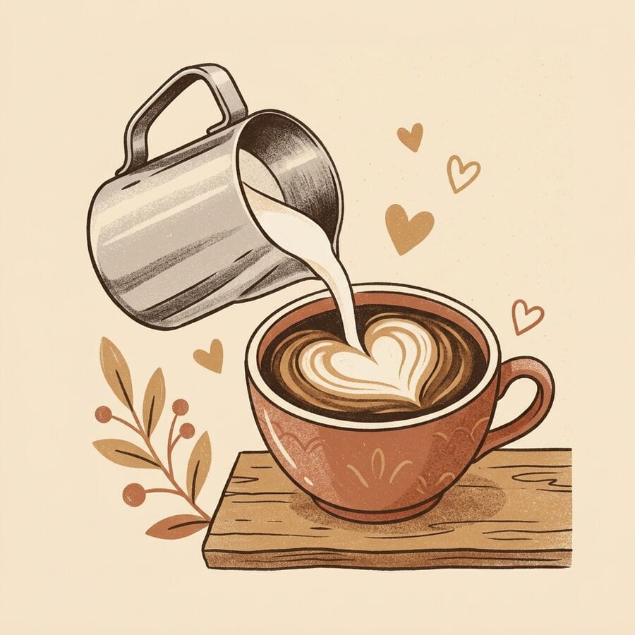Milk pitcher pouring a latte art heart