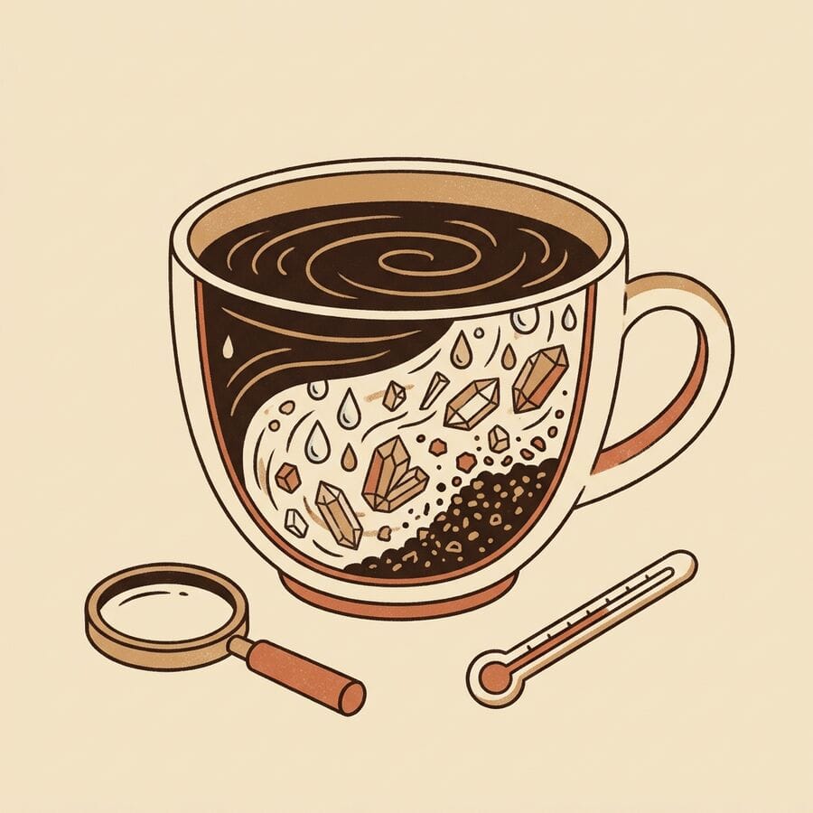 Cutaway coffee cup showing water, minerals and grounds