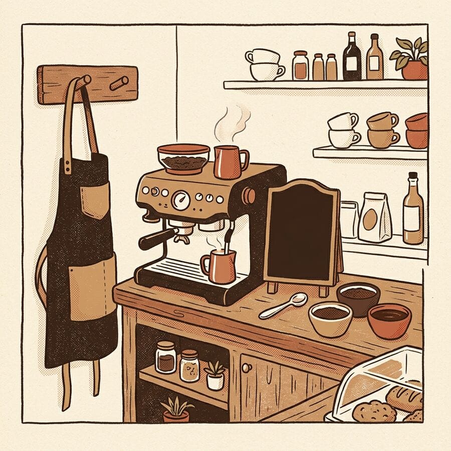Café counter with apron, espresso machine and cupping bowls