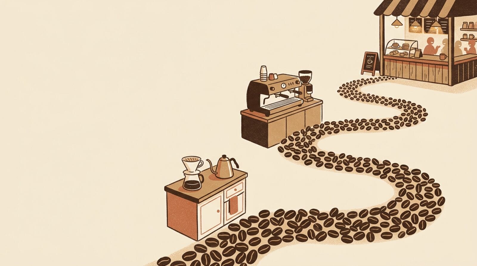 Illustrated path of coffee beans leading from a home kitchen to an espresso machine and a café